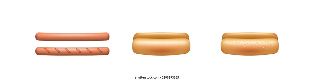 Grilled sausages and buns for hot dog cooking. Realistic elements icons for street food, fastfood preparing isolated on white background. Web design items. Vector illustration