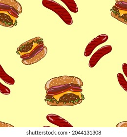 Grilled sausages and cheeseburger vector pattern illustration on the yellow background