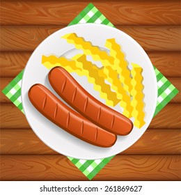 Grilled sausages with french fry on white dish placed on the wooden table. Vector image can be used for restaurant and cafe menu design, food posters, print cards and other crafts.