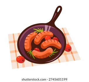Grilled Sausages in Frying Pan. Rustic homemade comfort food concept for dinner and lunch menu designs. Flat vector illustration.