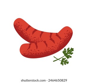 Grilled sausages for hot dog. Roasted bratwursts from pork, beef. Tasty barbecue frankfurters with leaf of parsley. Organic meat, cooked food. Flat isolated vector illustration on white background