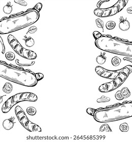 Grilled sausages, hotdog with arugula, pickle slice and sauce drip Square monochrome vector border with empty space for text. Traditional street food for BBQ restaurant menus, summer event poster.