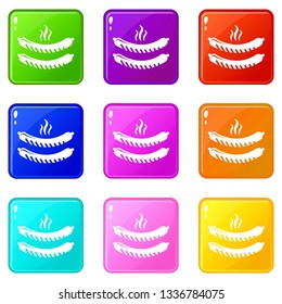 Grilled sausages icons set 9 color collection isolated on white for any design
