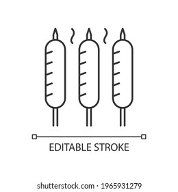 Grilled Sausages Linear Icon. Summer Side Dishes. Meat For Barbecue. Sear-roasting On Grill. Thin Line Customizable Illustration. Contour Symbol. Vector Isolated Outline Drawing. Editable Stroke