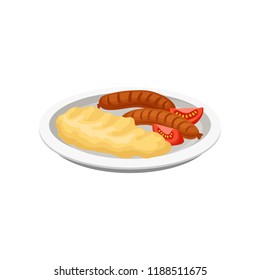 Grilled sausages with mashed potatoes on a plate, grilled meat vector Illustration on a white background