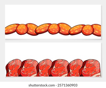 Grilled sausages and meat slices arranged in horizontal rows. Great for food menus, BBQ promotions, or meat product packaging. Vector illustration.