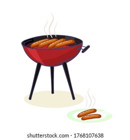 Grilled sausages on a barbecue grill - bbq grill German wurst in cartoon style illustration isolated on white