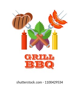 Grilled sausages on the fork. Grilled steak on a fork. Ketchup and mustard. Green and purple Basil leaves. Vector illustration, barbecue emblem.