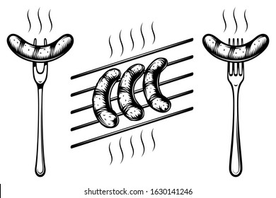 Grilled sausages on grill grate. Bavarian sausages on fork. Traditional food on Oktoberfest. Black and white vector illustration in retro inked style from vintage engraved strokes for tattoo or print.