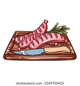 Grilled sausages on rectangular wooden board with knife. Outline hand drawn color sketch of bratwurst portion with rosemary serving. BBQ grill menu, mascot, meat sausages icon vector illustration