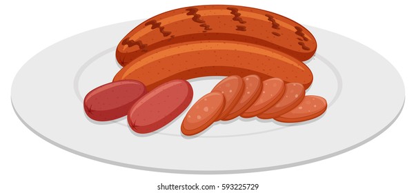 Grilled sausages on round plate illustration