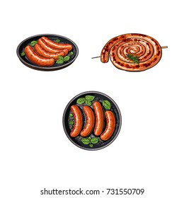 Grilled sausages on stick and in frying pan, sketch style vector illustration on white background. Realistic hand drawing of grilled, fried, barbequed sausages, long and short