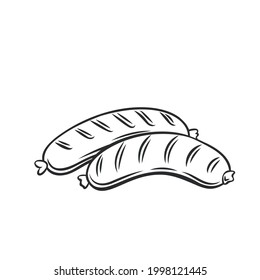 Grilled Sausages Outline Vector Icon, Drawing Monochrome Illustration. Fried Bratwurst Pork Sausage, Bbq Food.