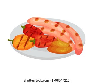Grilled Sausages and Pepper Rested on Plate as Festive Food for Oktoberfest Celebration Vector Illustration