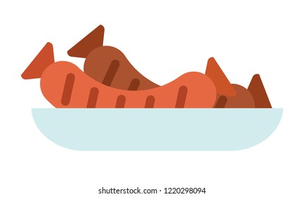 Grilled sausages in a plate side view vector flat icon isolated on white