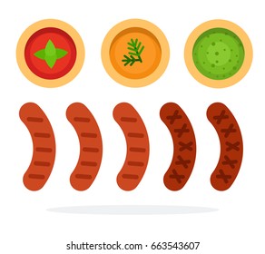 Grilled sausages in a row. Tomato, mustard and pesto sauce in mugs vector flat material design isolated on white