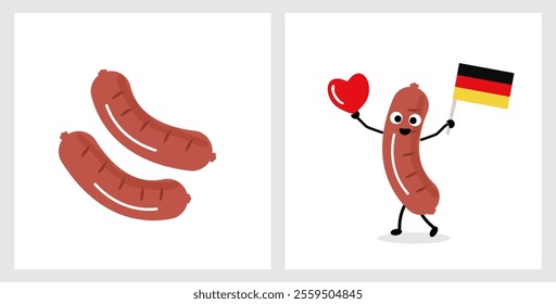 Grilled sausages, sausage cartoon, red heart and Germany flag icons on white background vector. 