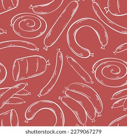 Grilled sausages sketch seamless pattern. Sausages hand engraving background. Print for packaging, paper and design, vector illustration