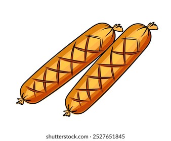 Grilled sausages, tasty bbq food. Fried smoked meat meal. Vector illustration isolated on white background.