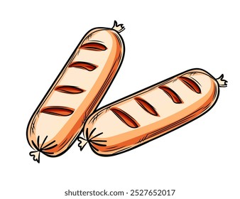 Salchichas a la parrilla, sabrosa comida de barbacoa. Harina de carne ahumada frita. Ilustración vectorial aislada sobre fondo blanco.