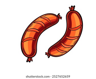 Grilled sausages, tasty bbq food. Fried smoked meat meal. Vector illustration isolated on white background.