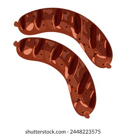 Grilled sausages. Two ready-made sausages with strips from the grill. Isolated food from a ready-made meat dish for a restaurant, a menu for a cafe, a banner with a place to copy On a white background