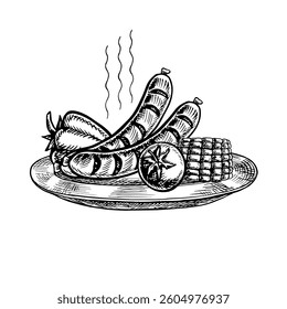 Grilled sausages with vegetables. Vector graphics depicting a barbecue. A black-and-white hand-drawn illustration. On a white background. For a menu, poster, or label. For cooking recipes, invitations