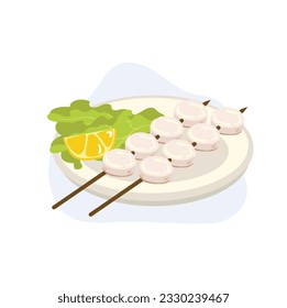 grilled scallop skewers, scallop seafood skewers. grilled scallop without shells. seafood. vector cartoon illustration