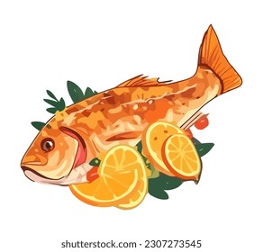 Grilled seafood plate with lemon and vegetables icon isolated