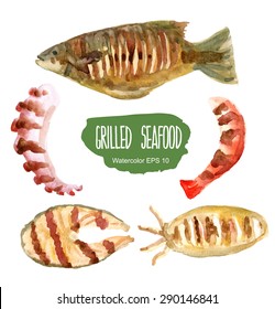 Grilled seafood set. Vector watercolor illustration.
