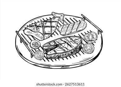 Frutos do mar e legumes grelhados em esboço de tinta preta da arte da linha de grade redonda. Peixes monocromáticos, lulas, cebola, tomate, abobrinhas em prateleiras de arame. Blogs culinários de ilustração de vetor para churrasco, menus de restaurante