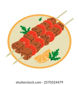 Grilled shish tawook kebab on skewers. Traditional Middle Eastern food. Hand drawn vector illustration