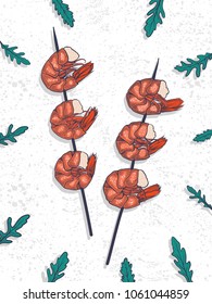 Grilled shrimp on a skewer with ice on dark background. Top view