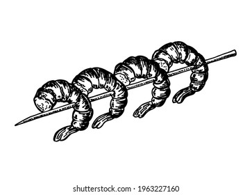Grilled shrimp on a skewer. Sketch. Mediterranean Kitchen. Healthy eating. Seafood dishes. Shrimp kebab vector illustration.