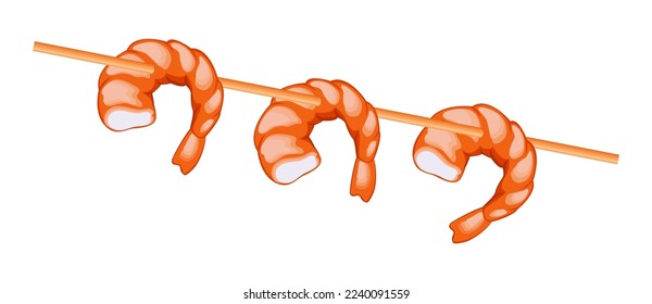 Grilled shrimp on a wooden stick isolated on a white background. Vector illustration of shrimp kebab.