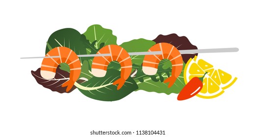 Grilled shrimp skewers on mix of lettuce leaves. Tasty fresh cooked fried shrimps dish with lemon slice, dill and pepper. Sea food nutrition concept. Vector flat cartoon isolated illustration