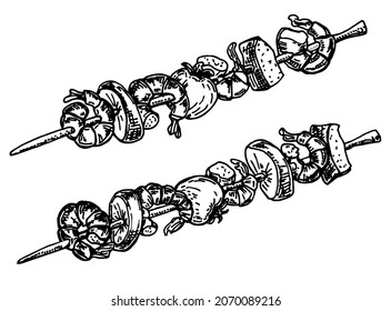 Grilled shrimp skewers. Seafood, shellfish. Shrimp kebabs with herbs, vegetables, garlic and lemon. BBQ shrimps. Delicious grilled food on a skewer. Set. Engraving sketch style. Vector illustration