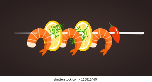 Grilled shrimp skewers. Tasty fresh cooked fried shrimps dish with lemon slice, dill and pepper. Sea food nutrition concept. Vector flat cartoon isolated illustration