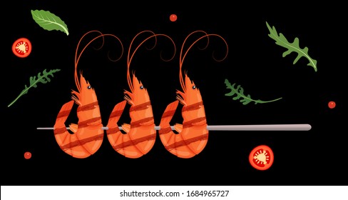 Grilled shrimp skewers. Tasty fresh cooked fried shrimps dish with chilli pepper. Sea food nutrition concept. Vector illustration.