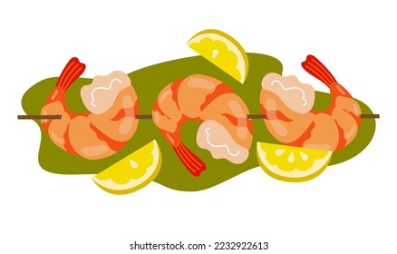 Ropa de gambas a la parrilla. Sabroso plato de gambas fritas cocidas con limón. Concepto de nutrición de los alimentos marinos. Dibujo aislado de dibujos animados planos