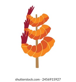Grilled shrimp skewers vector illustration, roasted prawn skewer image isolated on white background