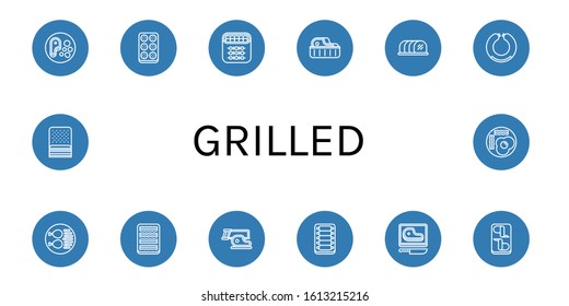 grilled simple icons set. Contains such icons as Steak, Meatball, Shish kebab, Tenderloin, Sausage, Chicken leg, Bacon, Ribs, Chicken wings, can be used for web, mobile and logo