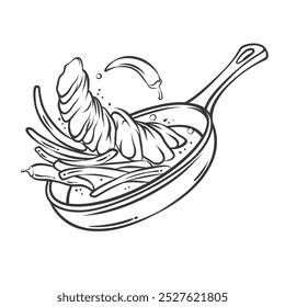 Grilled sirloin steak slices and vegetables falling on frying pan line icon. Outline gourmet roasted meat and bean flying during cooking. Recipe mascot, hand drawn dish in pan vector illustration