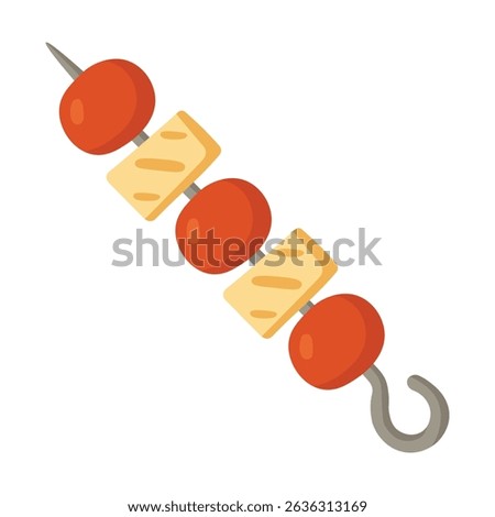 Grilled skewer with meat and vegetables in soft cartoon flat style on white background.