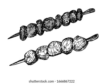 Grilled skewers on a skewer. Meat on a skewer. Sketch. Shashlik, grilled on a skewer. Shish kebab on skewers. Vector