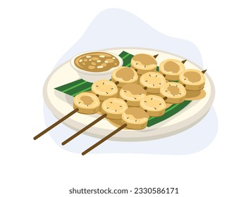 Grilled slice Banana skewers. Grilled Banana with Coconut Sauce. Thai banana sweet dessert 
cartoon vector illustration