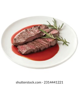 Grilled sliced Beef Steak with sauce, tomatoes and rosemary on a white plate Isolated on white background 