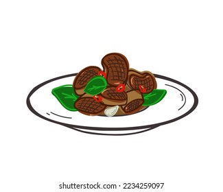 Grilled slices of king oyster mushrooms. Fried eringi mushrooms in miso sauce.  Flat and doodle vector illustration
