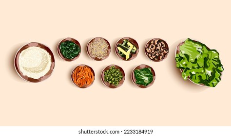 Grilled snacks. Traditional Korean food, korean barbecue. Illustration for restaurant menu. Top view. Vector illustration.