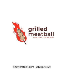 Grilled Spicy Hot Satay Meatball Logo Icon With Red Hot Flame